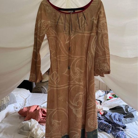 Indian block print hand dyed tan and blue bird motif tunic dress, size small - Picture 2 of 7